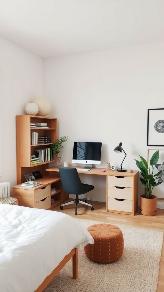 Cozy home office setup with a desk, computer, plants, and a comfortable ottoman.
