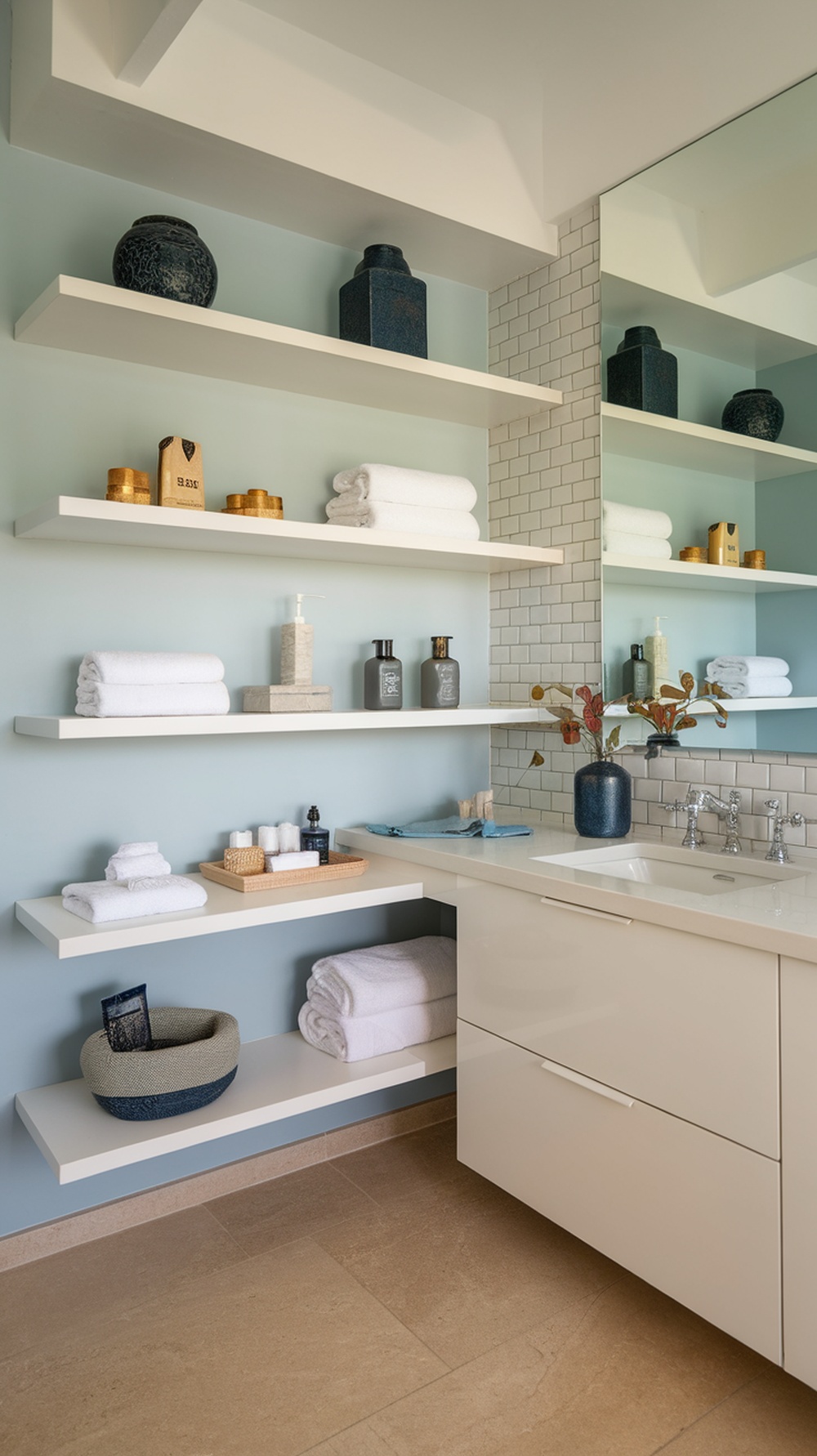 A bathroom featuring functional open shelving with neatly arranged towels and decor items.