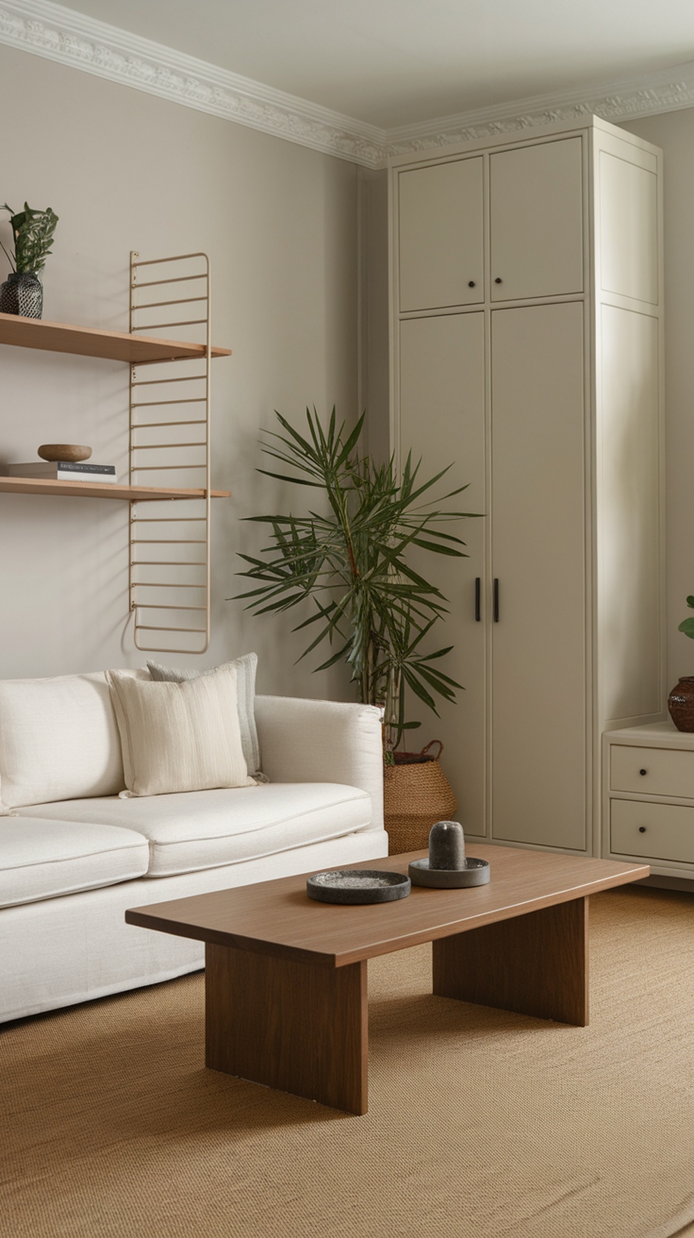 A stylish living room featuring a cozy sofa, wooden coffee table, shelving, and storage cabinet, decorated with plants.