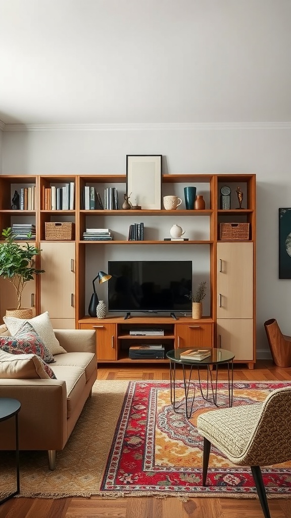 A cozy living room featuring a stylish shelving unit, colorful textiles, and functional storage solutions.