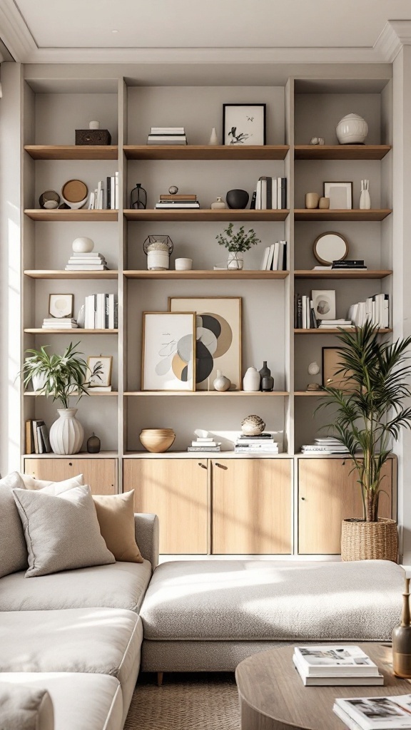 A warm neutral living room featuring a stylish shelving unit with decorative items, books, and plants.