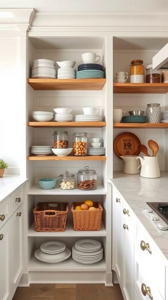 Cozy kitchen with open shelving, plates, jars, and baskets organized neatly