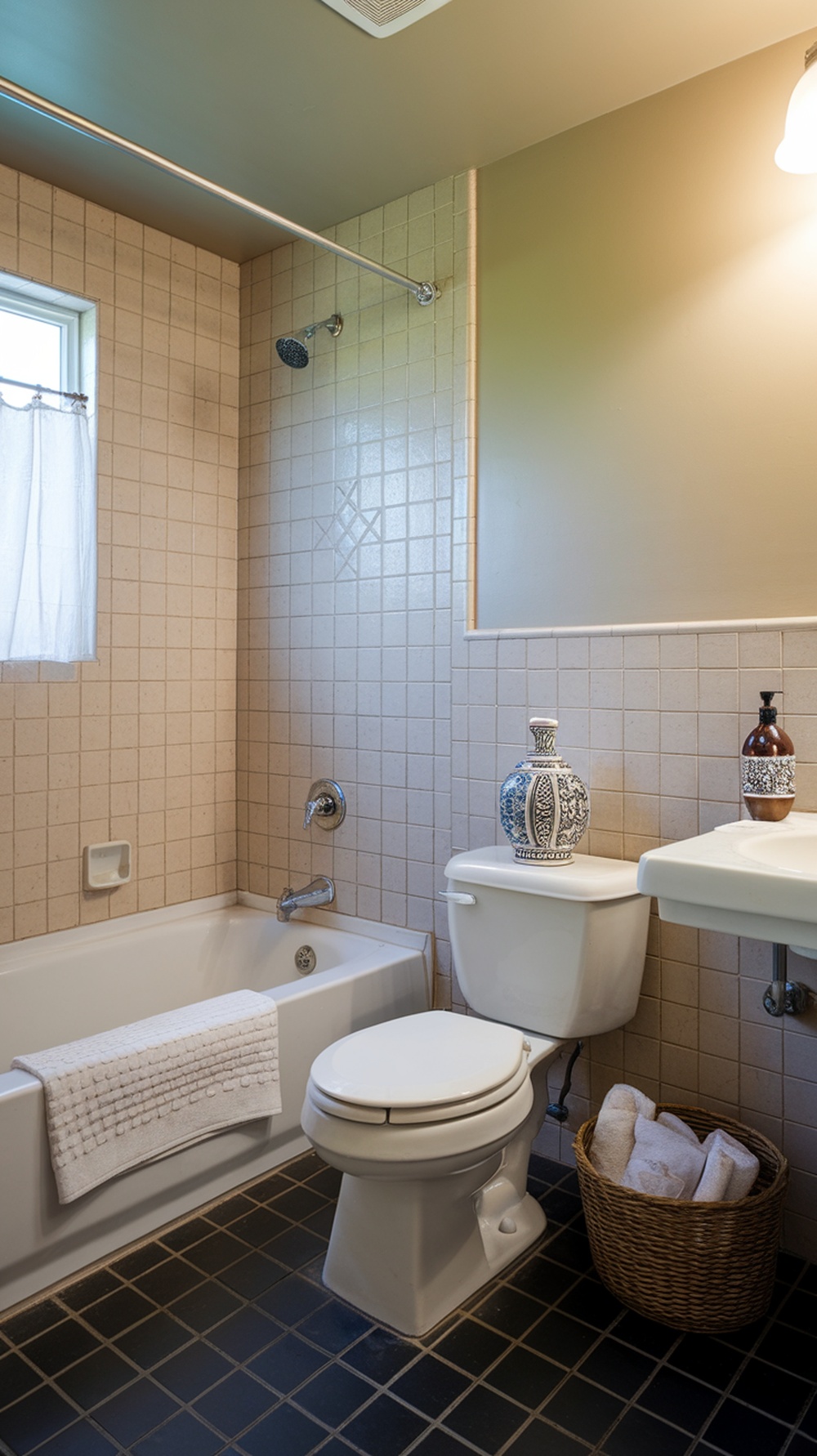 Small, well-decorated bathroom with a bathtub, decorative vases, and organized towels