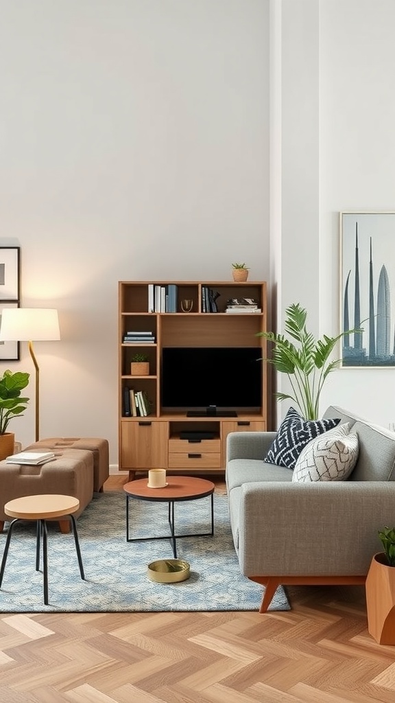 Cozy living room featuring a gray sofa, wooden shelves, coffee table, and plants