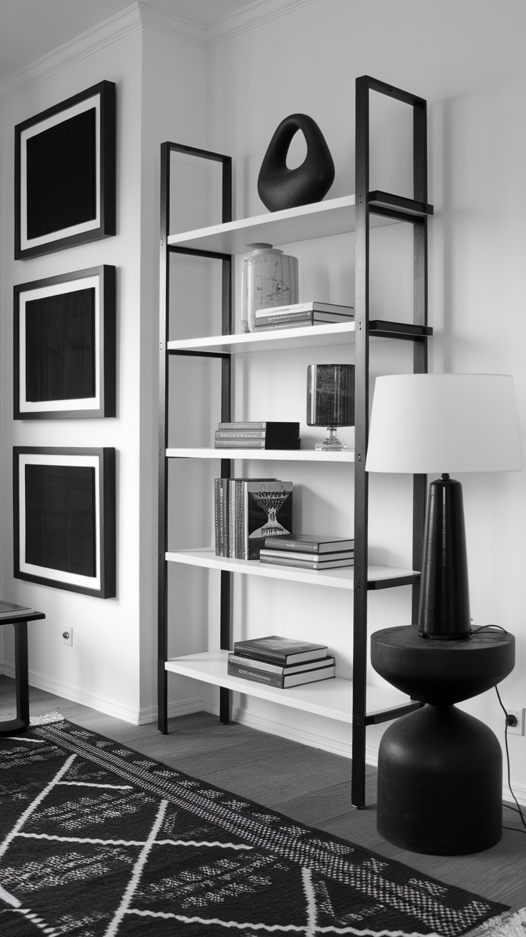 A stylish black and white living room featuring a modern shelving unit and cozy decor.
