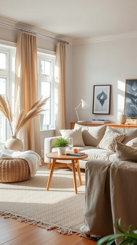 A cozy living room with layered textiles, including a light-colored couch, woven rug, and decorative pillows.