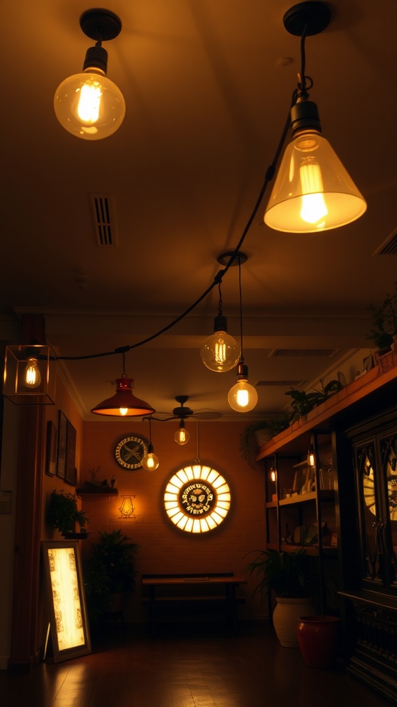A cozy room featuring various funky lighting fixtures hanging from the ceiling, creating a warm and inviting atmosphere.