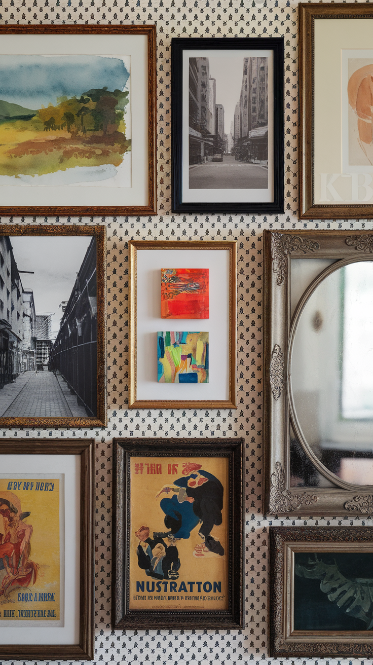 A collection of framed artworks and mirrors arranged on a patterned wall.