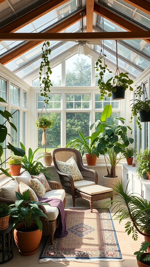 A bright sunroom filled with various plants, a wicker chair, and a cozy atmosphere.