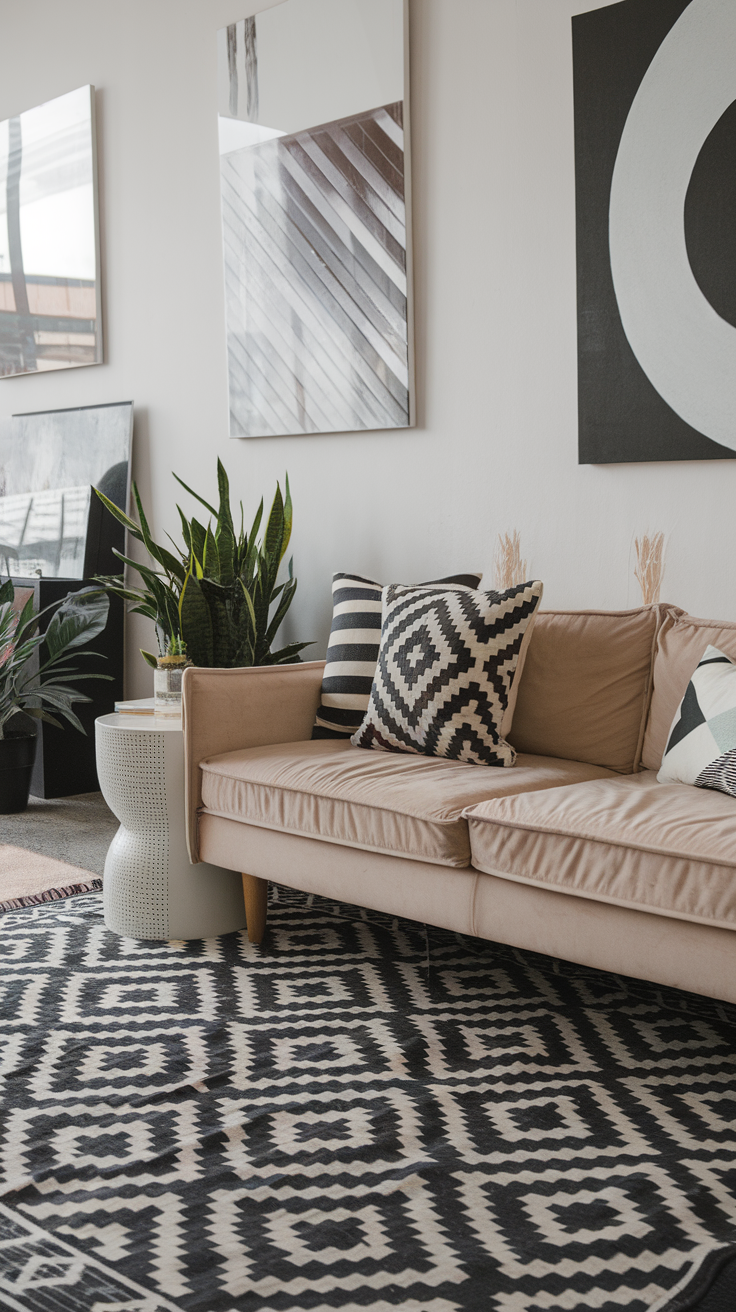 A modern living room with geometric patterns and black and white decor, featuring a stylish sofa, patterned rug, and plants.