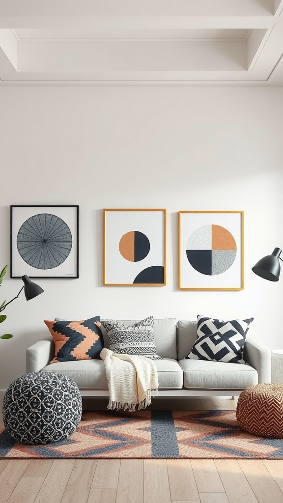 Stylish living room with geometric patterns on art and textiles, featuring a gray sofa with decorative pillows and a patterned rug.