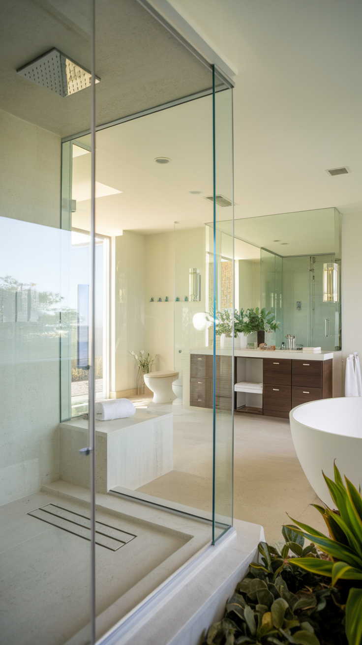 Modern bathroom with glass shower enclosure, light marble flooring, and elegant decor.