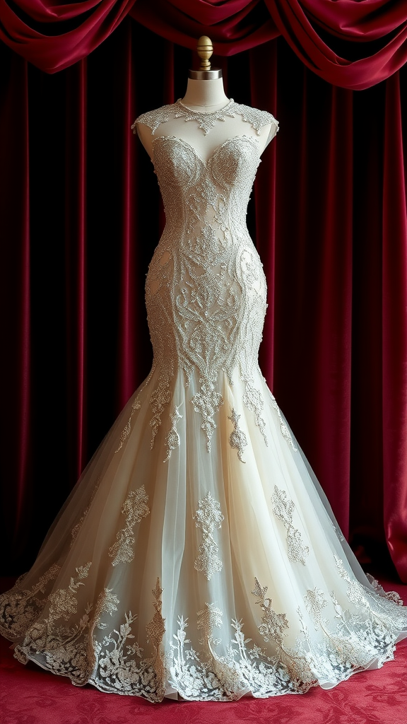 A beautiful ball gown with sequins and beading on a mannequin