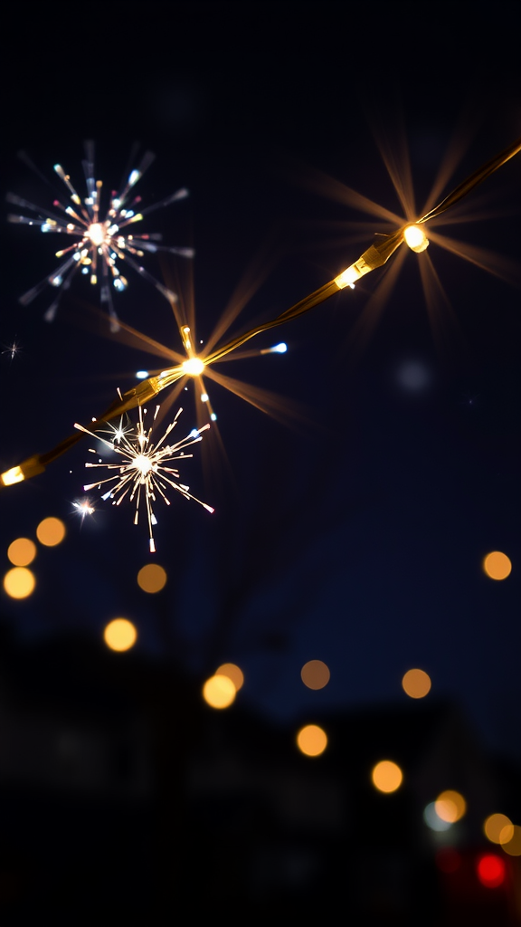 A close-up of glowing Christmas lights against a dark background, featuring a bokeh effect.