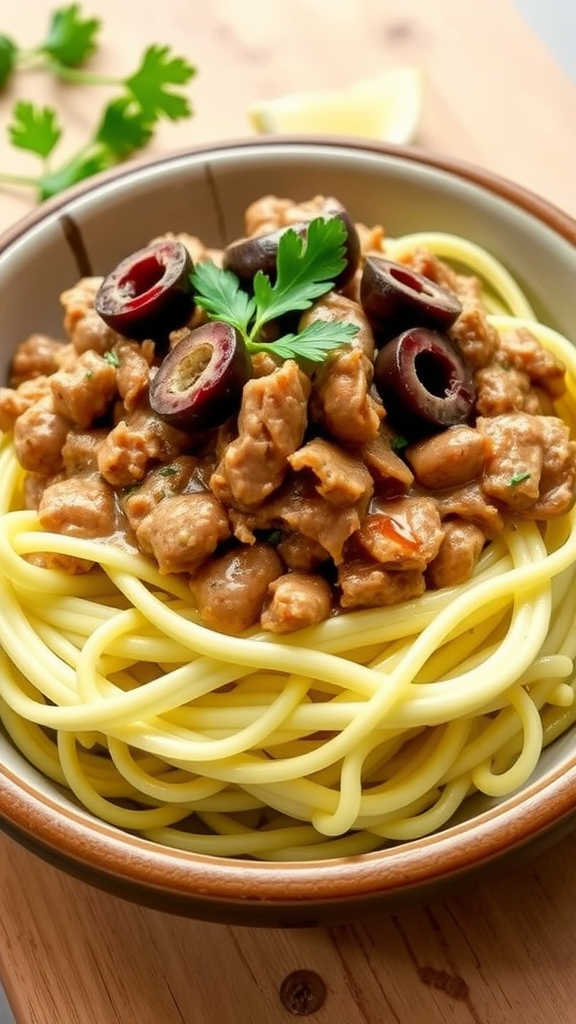 A bowl of gluten-free stroganoff with zoodles topped with beef, olives, and parsley.