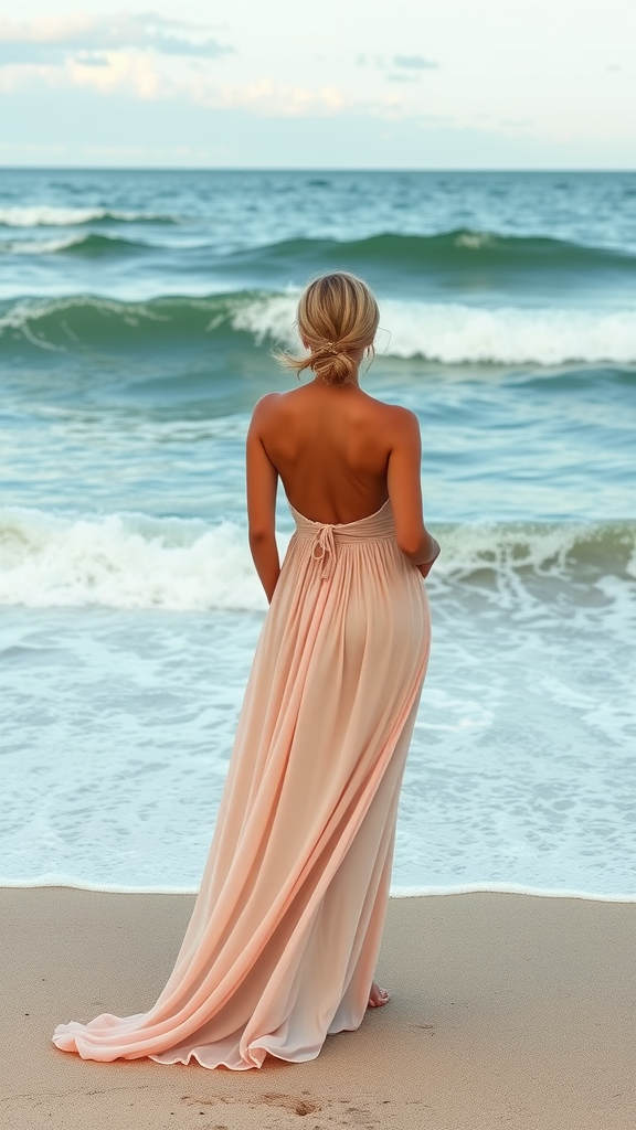 A woman in a flowing peach maxi dress stands near the ocean waves.