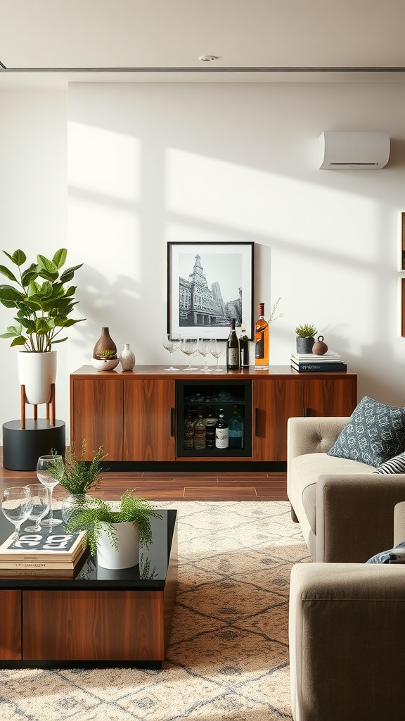 Stylish gourmet refreshment station in a luxury living room with drinks, glasses, and plants.