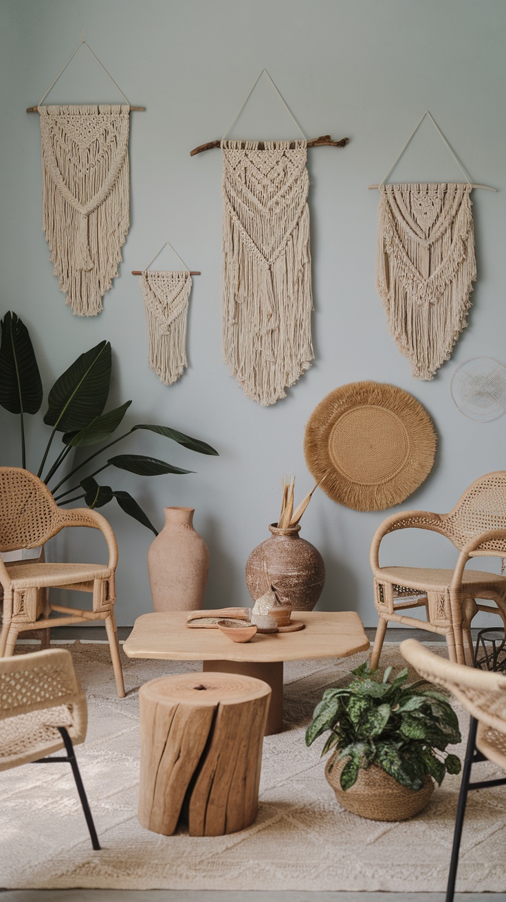 A cozy Boho living room with macramé wall hangings, a rustic coffee table made from a tree stump, and plants.