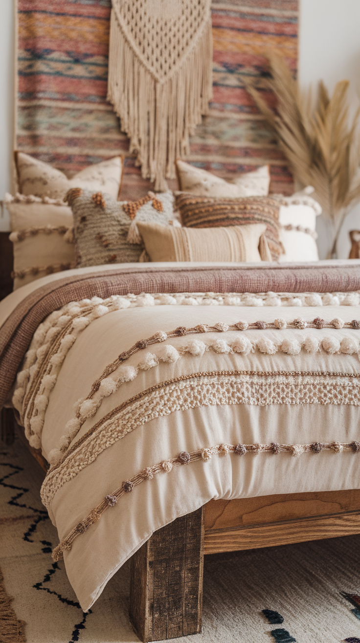A beautifully arranged bed featuring handmade bedding with intricate details, warm tones, and decorative pillows.
