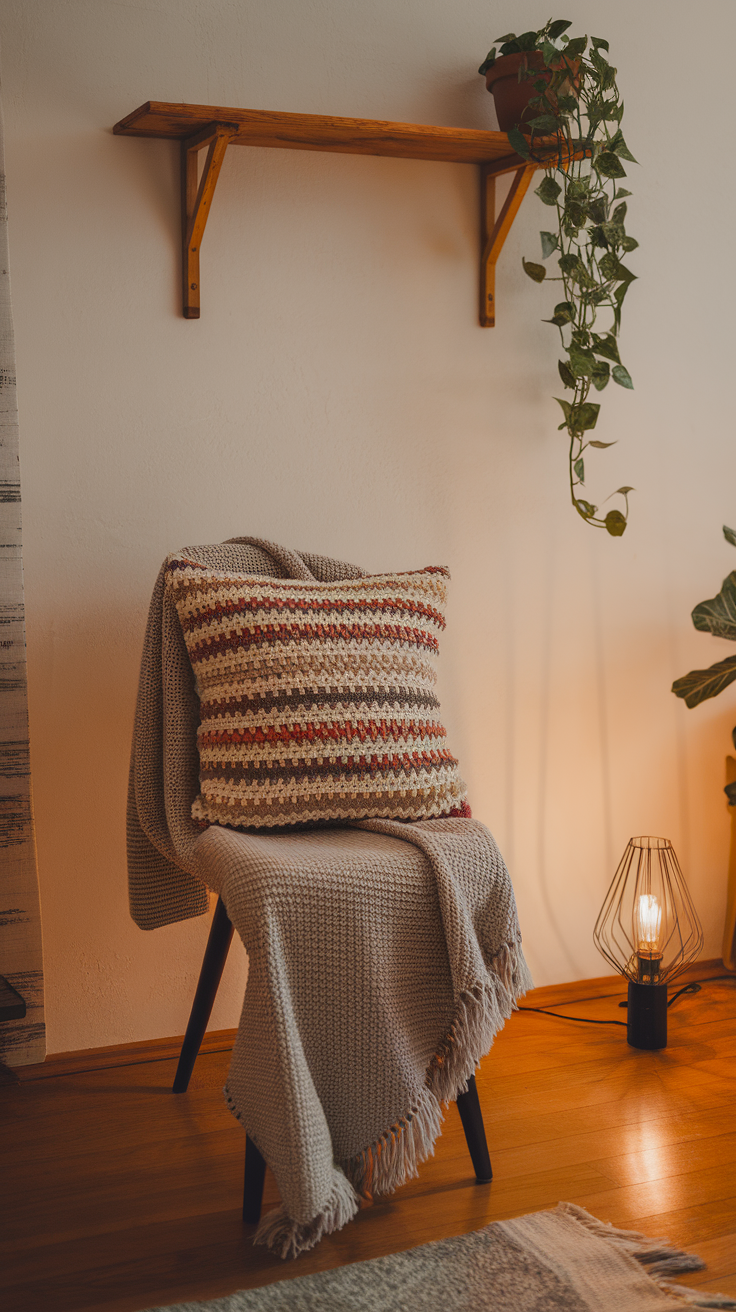 A cozy chair with a handmade crochet pillow and blanket, showcasing a warm and inviting decor style.
