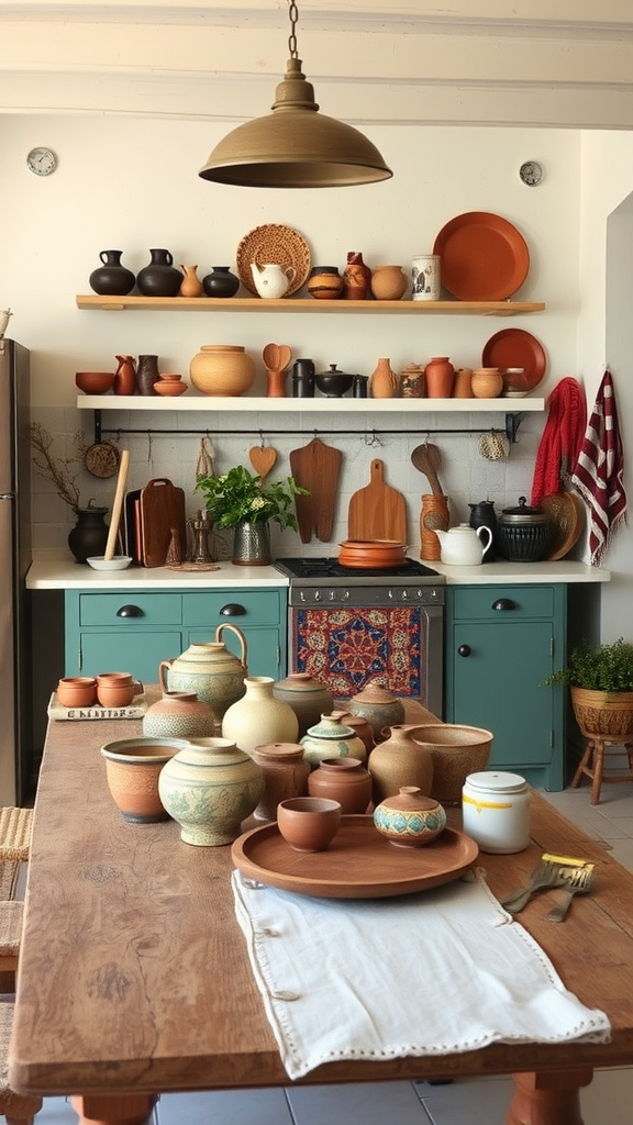 A cozy kitchen filled with handmade pottery on shelves and a wooden table.