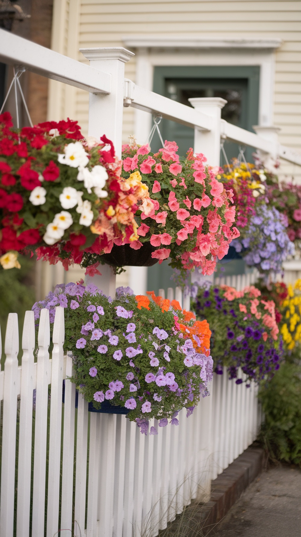 Vibrant hanging flower baskets in various colors on a white garden fence.
