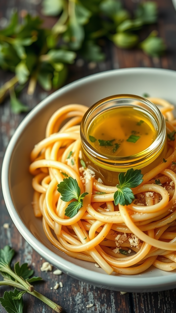 A bowl of pasta topped with herb-infused olive oil and garnished with fresh herbs