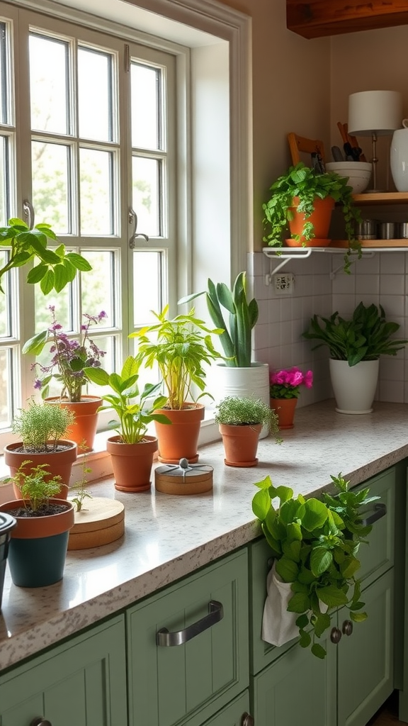 A cozy kitchen filled with various potted plants and herbs on the countertop.