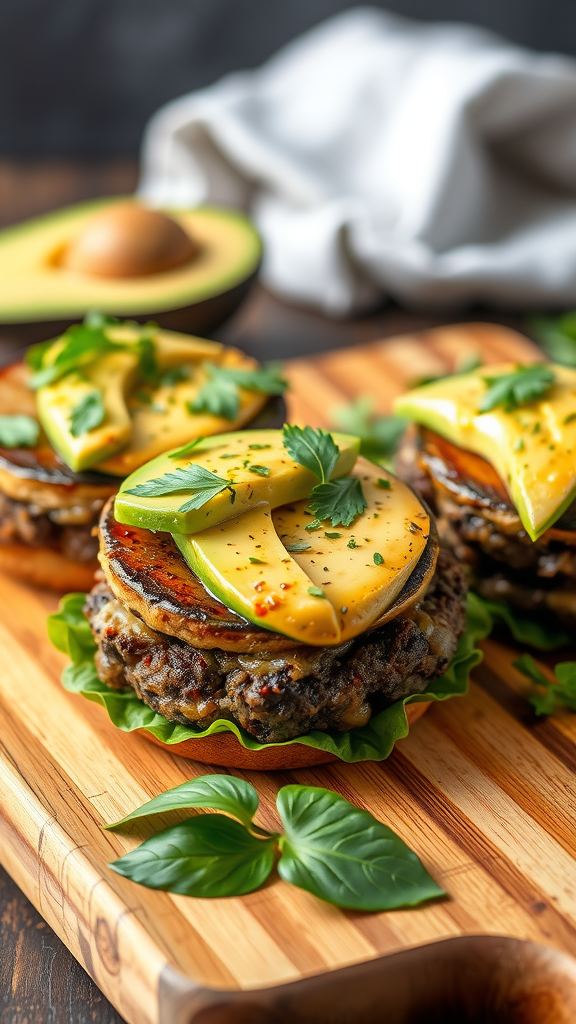 Air fryer portobello burgers topped with avocado slices and fresh herbs on a wooden platter.