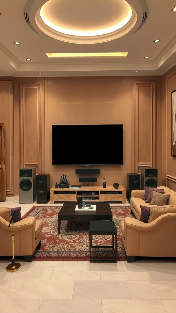 A luxurious living room featuring a high-end audio visual setup with a large TV, speakers, and comfortable seating