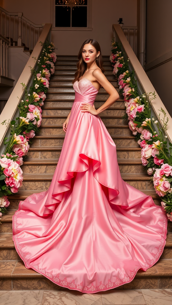 A model in a pink high-low gown with a flowing train on a staircase adorned with flowers.