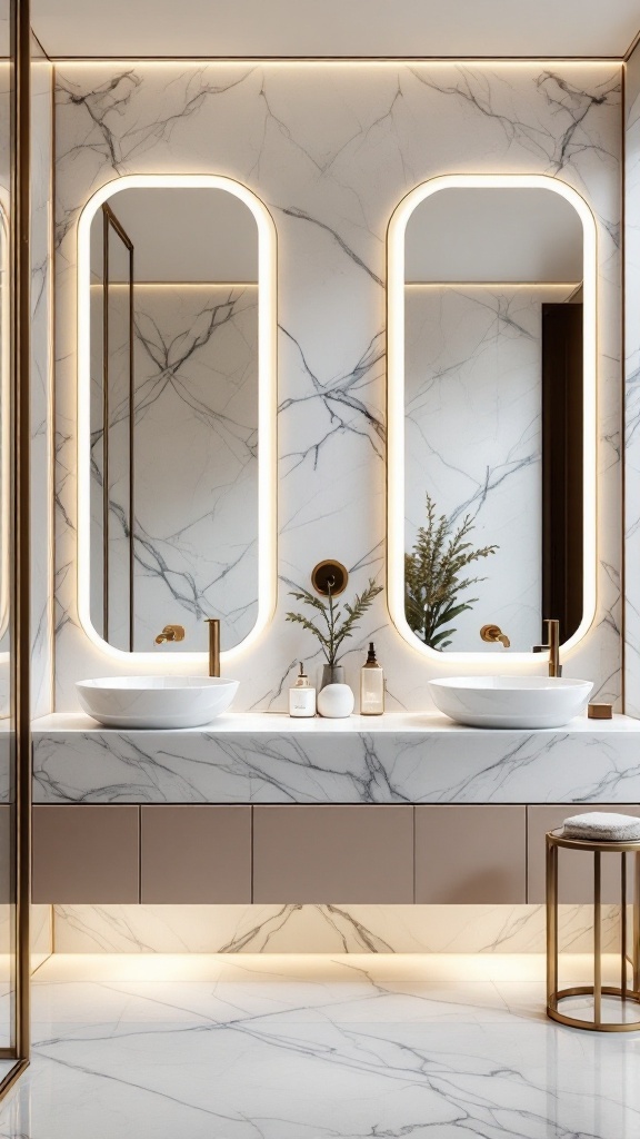 Modern luxury bathroom featuring illuminated marble mirrors with elegant design elements.