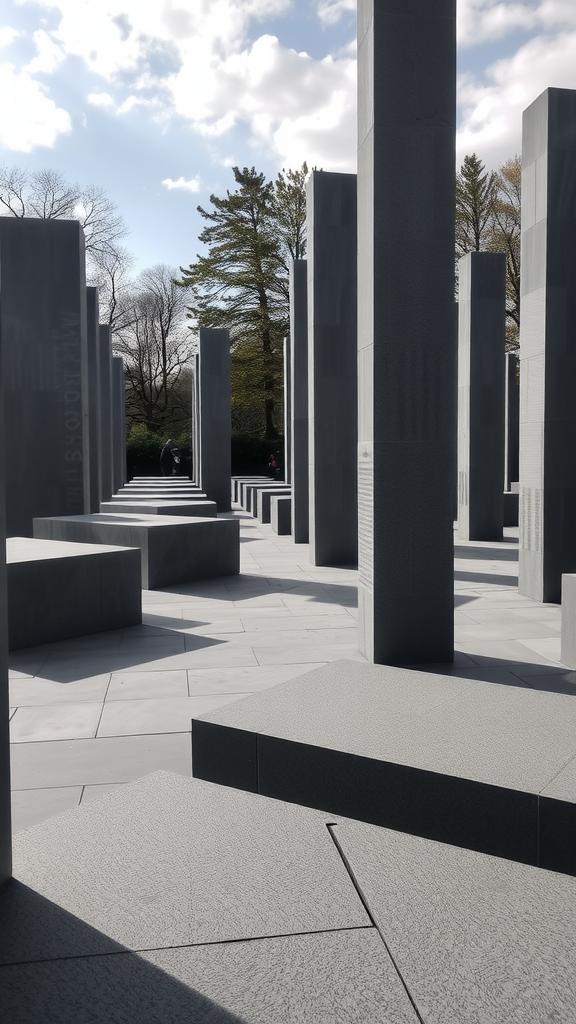 A view of the Holocaust Memorial with tall concrete slabs under a cloudy sky.