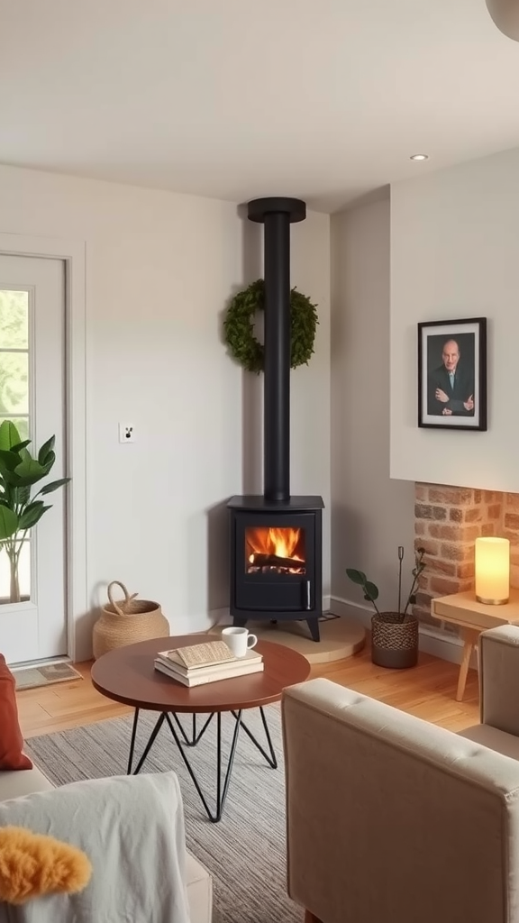Cozy living room with a compact fireplace, small couch, and coffee table