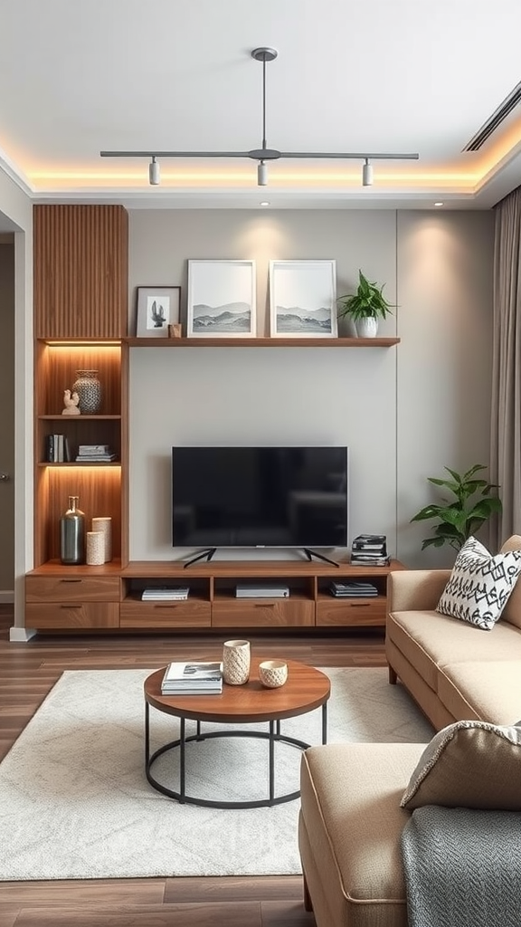 A cozy living room featuring a compact media center with a TV, wooden shelves, and a comfortable couch.