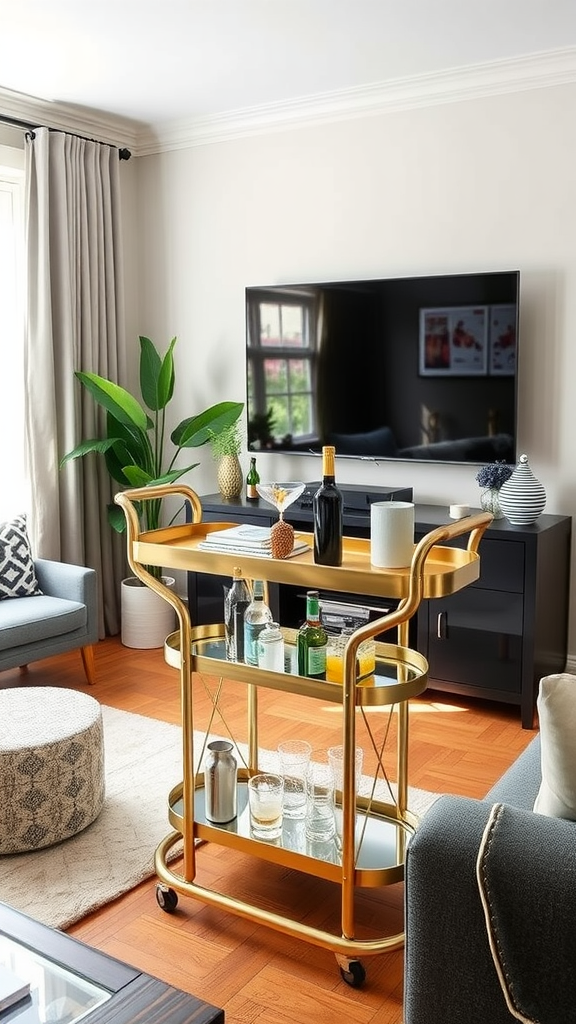 Image of a stylish small bar cart in a cozy living room setting with plants and decor.