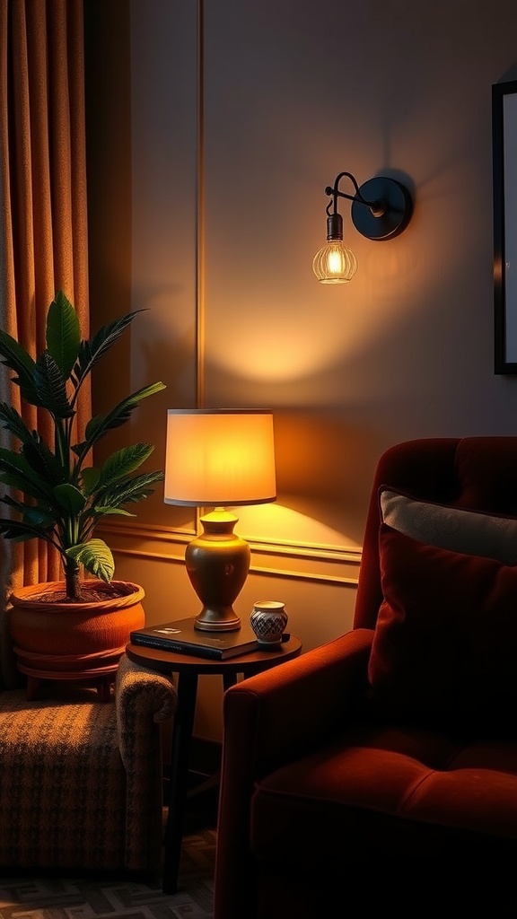 Cozy living space with accent lighting from a wall sconce and table lamp, featuring a potted plant and plush armchair.