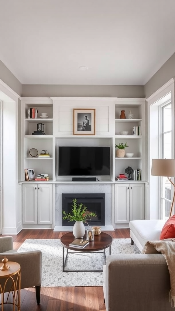 Cozy living room with built-in shelving around a TV, featuring a small coffee table and comfortable seating.