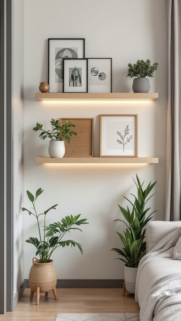 Stylish corner shelves with plants and framed art in a cozy setting.
