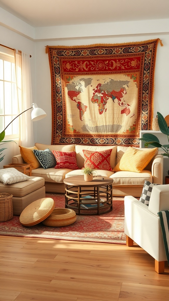 Cozy living room with colorful textiles, including a world map tapestry and jewel tone cushions.
