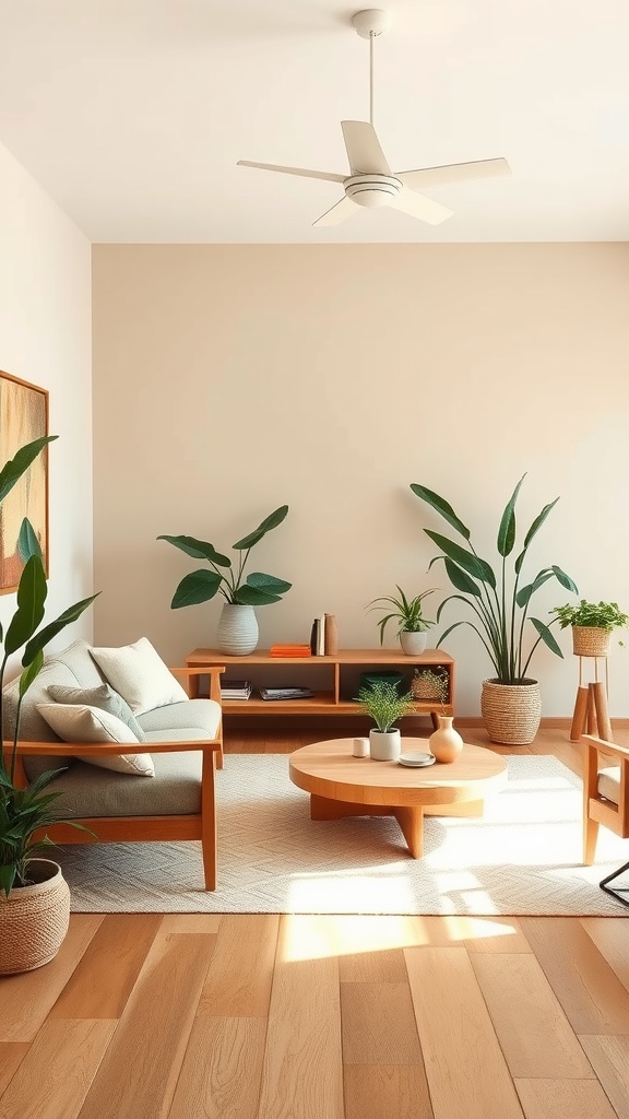 An earthy modern living room featuring a soft beige wall, wooden furniture, and various indoor plants.