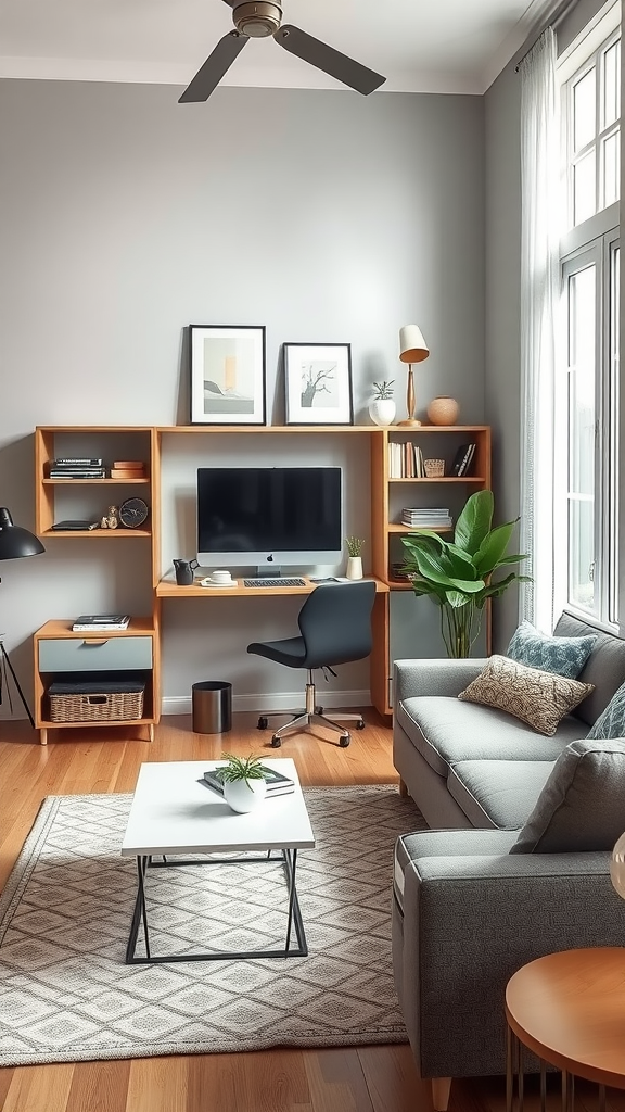 A modern living room with a floating desk, showcasing a cozy couch, shelves, and a well-lit workspace.