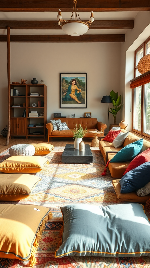 Cozy living room with floor cushions, a small couch, and warm lighting.