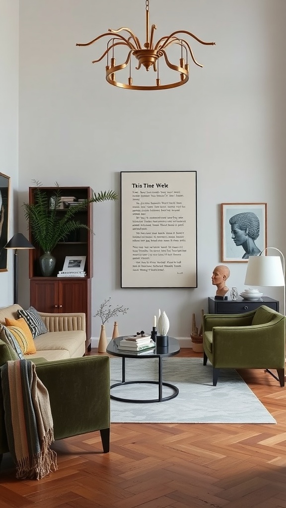 A stylish living room with a chandelier, green chairs, and modern art pieces.