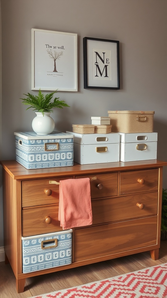 A wooden dresser featuring decorative storage boxes, a plant, and framed artwork on the wall.