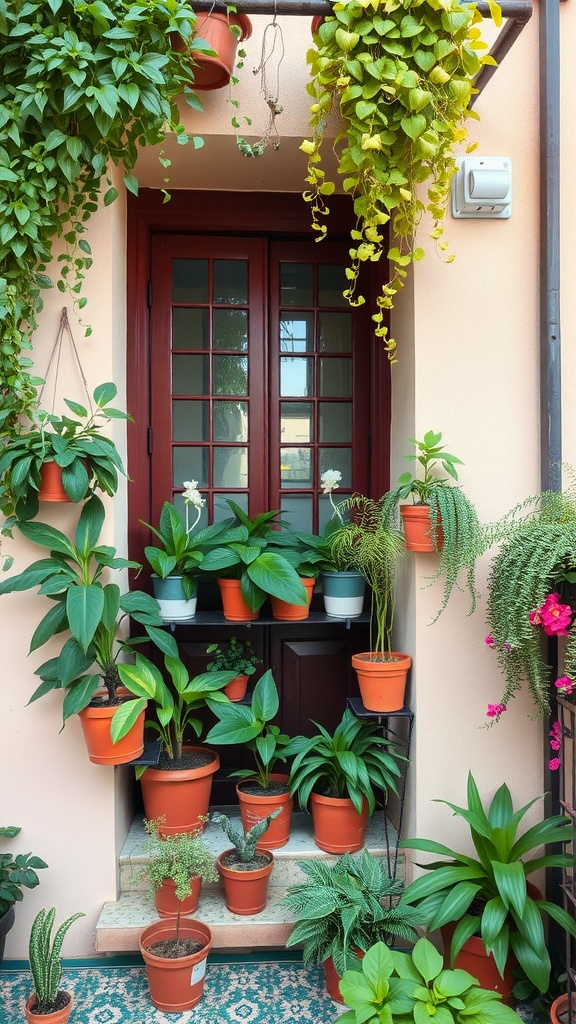 A small balcony with a variety of potted plants arranged around a door.