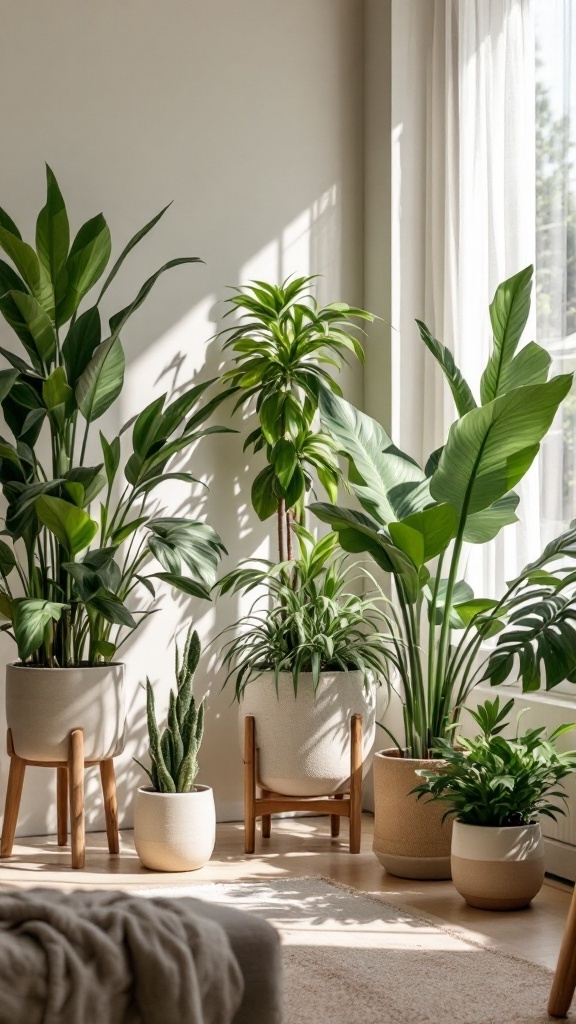 A warm neutral living room with various potted plants near a window.
