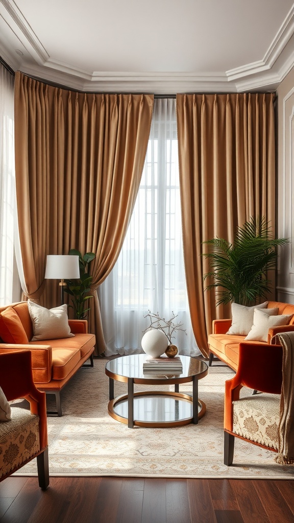 A stylish living room featuring plush orange sofas, silky curtains, and modern decor.