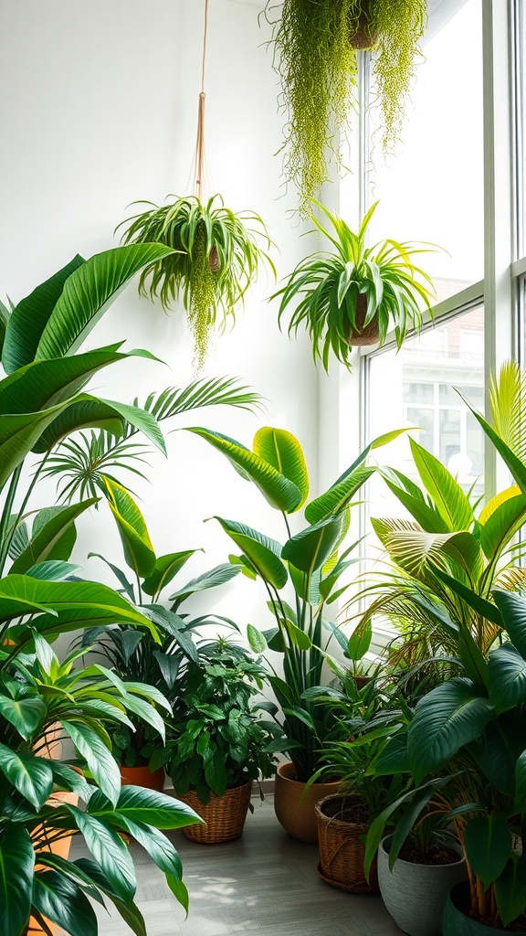 A cozy corner filled with various indoor plants, showcasing a mix of sizes and styles in stylish pots near a window.