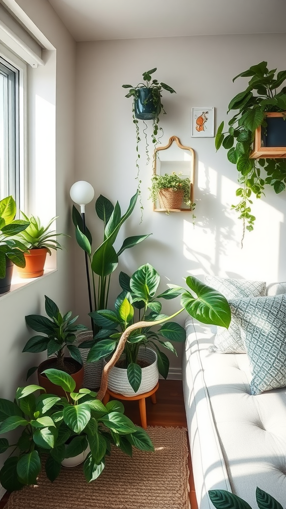 A small, bright living room corner filled with various indoor plants and a cozy couch.